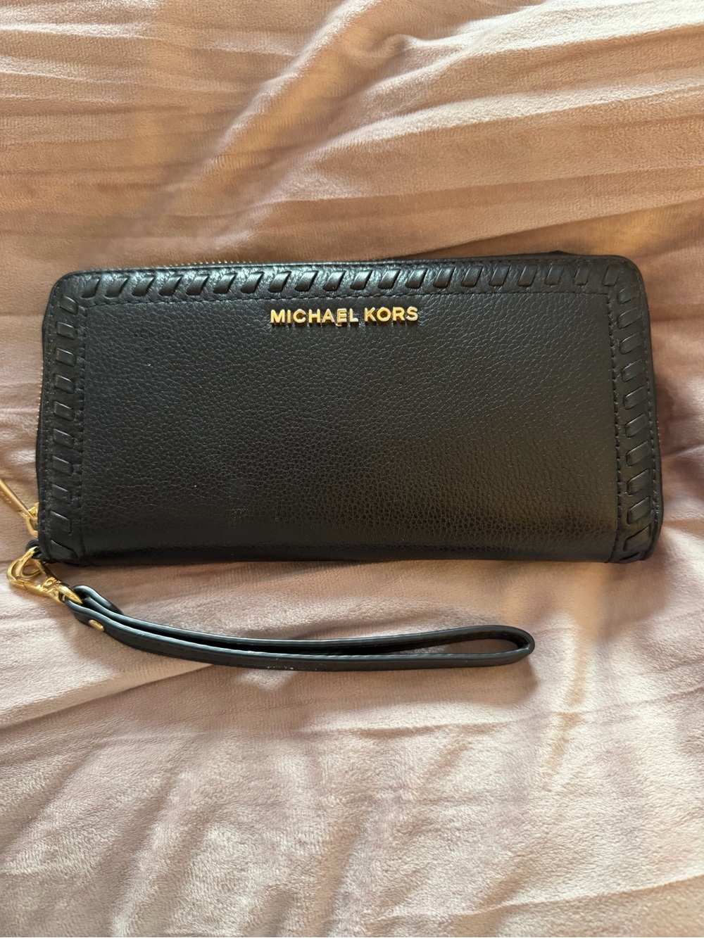 Michael Kors Black Leather Zip Wristlet with Gold Logo